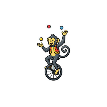 Cheerful Cartoon Monkey Riding A Unicycle And Juggling Three Colorful Balls While Wearing A Red And Yellow Vest, Playful Illustration Vector Illustration