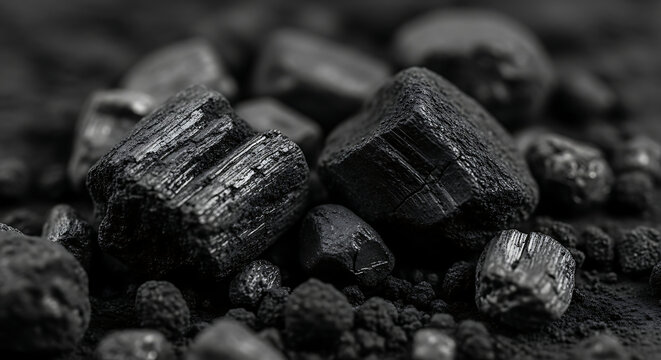 Close-up of raw black coal lumps texture with industrial background commodity