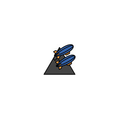 Two Blue Zeppelin Airships With Orange Fins Soaring Past A Dark Gray Mountain Peak In A Minimalist Retro Aviation Style Vector Illustration © derahvana