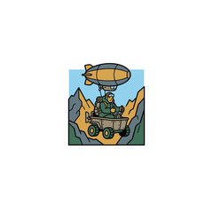 Explorer Wearing Aviator Goggles And Backpack Steering A Wheeled Cart Beneath A Zeppelin Blimp Floating Above A Steep Rocky Canyon Vector Illustration © derahvana