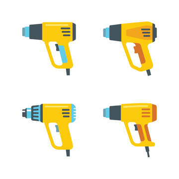 Set Of Four Yellow Industrial Heat Guns In Pixel Art Style Isolated On A White Background