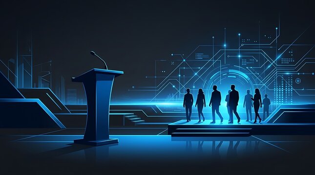 Futuristic digital business conference stage with podium
