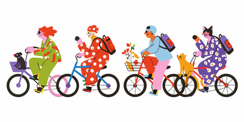 Fototapeta premium People Riding Bicycles With Pets Colorful Vector Illustration