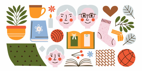 Fototapeta premium Floral and object vector illustration with portraits books and decorative elements