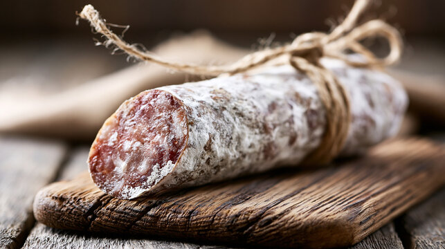saucisson. Thick French saucisson on rustic board with white mold, tied with twine, artisanal feel. menu design, packaging mockups, designed for food delivery and cloud-kitchen brand materials.