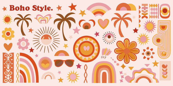 Retro bohemian floral ornament and sun pattern on a pink background