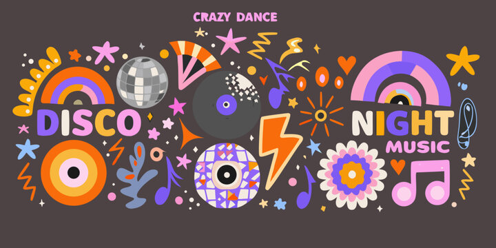 Retro disco pattern with stylized elements and vibrant color scheme