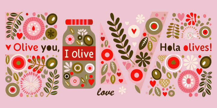 Olive themed floral ornament vector illustration with playful text elements