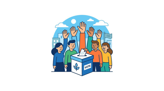 Diverse crowd voting at ballot box, illustration of democratic election and participation