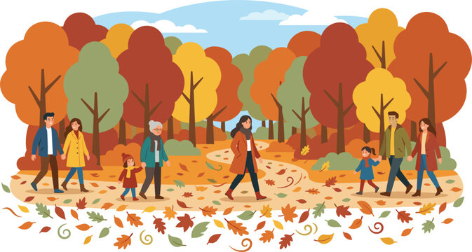Beautiful Autumn Park Landscape Vector Illustration with Diverse People Families Senior and Children Walking on Trail with Falling Leaves
