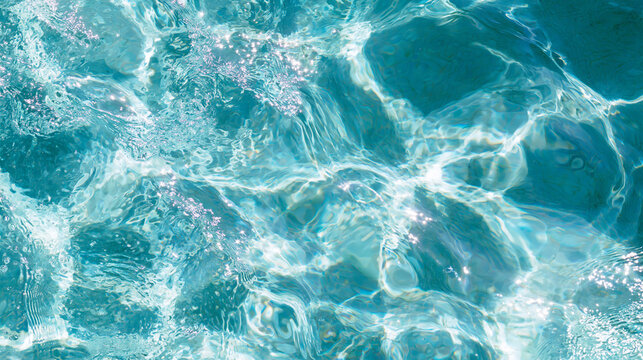 Shining turquoise sea water texture top view with bright sun caustics