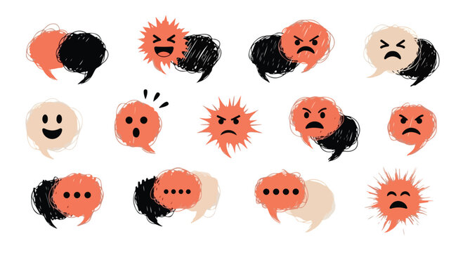 Collection of various emoticon faces and speech bubbles in orange, black, and beige on white background for digital communication