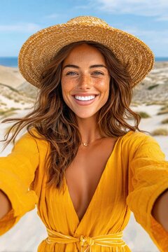 Cheerful woman taking a selfie on a sunny beach wearing a straw hat and yellow dress