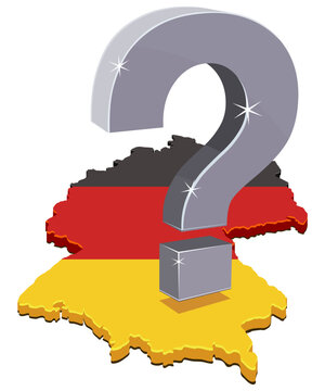 3D isometric vector illustration of Germany map with national flag texture and a large metallic question mark representing political or economic doubt (cut out)