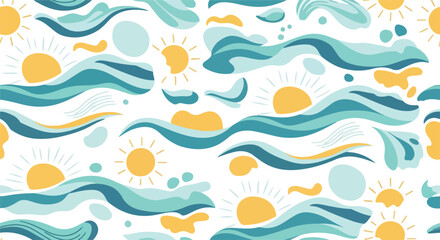 Fototapeta premium Vibrant abstract pattern with wavy lines, suns, and circles in shades of blue, green, and yellow on white background