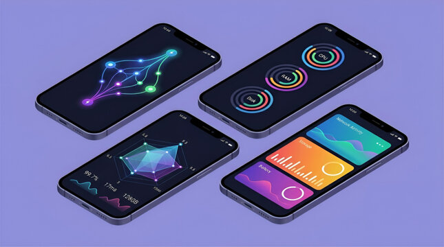 Collection of four mobile phone screens showing futuristic system diagnostic performance monitoring data displays.