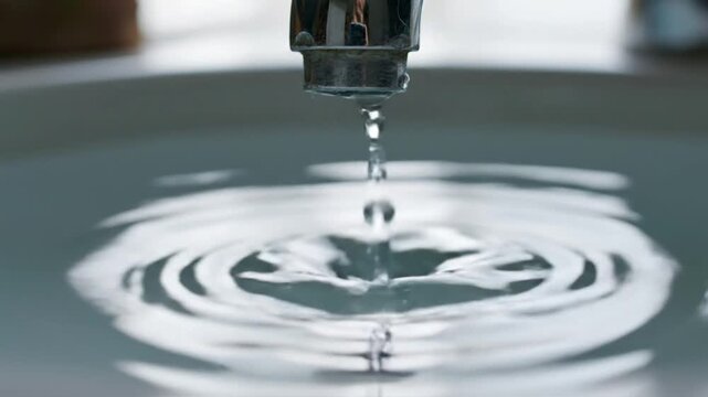 Macro shot of chrome faucet dripping water droplets into a basin, forming concentric circular ripples on the smooth water surface inside a kitchen or bathroom sink environment.