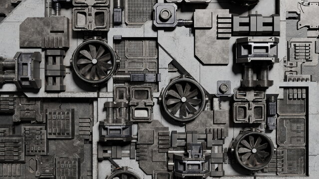 close view of a complex arrangement of gears, machinery parts, and various components on a flat surface. scene shows an industrial design with many textures and shapes. 3d render