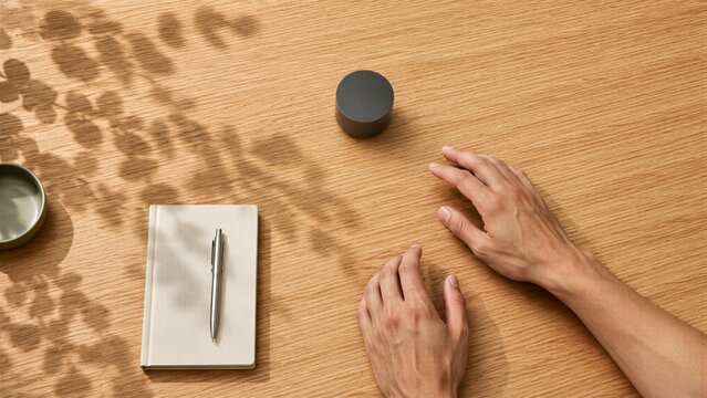 Overhead View of Hands and Notebook on Wooden Desk with Dappled Light for Workspace Design