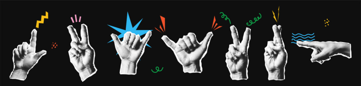 Hand gesture collage elements set with retro halftone signs and symbols