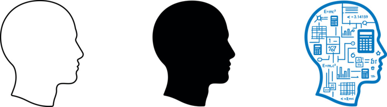 three human head silhouettes with math and science icons design
