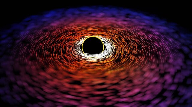 Luminous celestial dust orbits a massive black hole close up in a high-angle horizontal 3D animation loop with vibrant colors