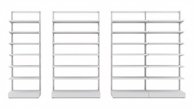 empty white metal shelving units for storage  retail display racks