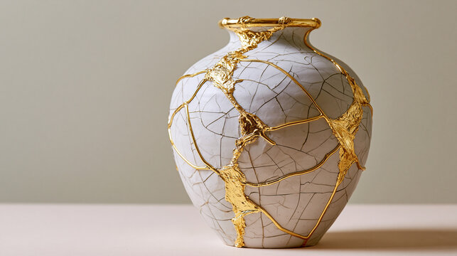 bennington. Shattered ceramic vase repaired with golden lacquer, kintsugi art on simple background. event programs, museum guides, designed for cultural heritage projects and event programs.
