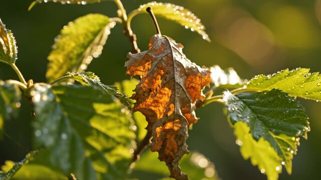 Macro shot of a single brown dried leaf among lush green foliage with water droplets, illuminated by backlit sunlight against a blurred natural background in summer morning.