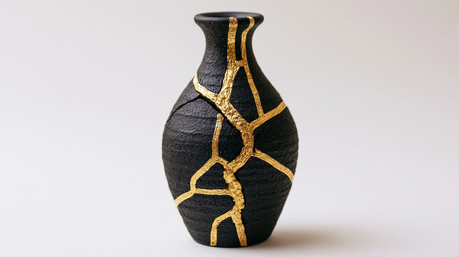 bennington. Shattered ceramic vase repaired with golden lacquer, kintsugi art on simple background. event programs, museum guides, designed for cultural heritage projects and event programs.