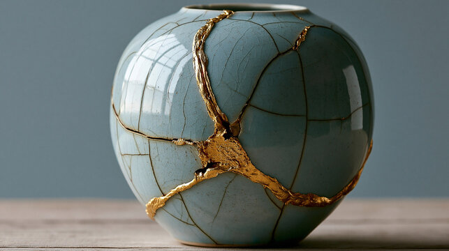 bennington. Shattered ceramic vase repaired with golden lacquer, kintsugi art on simple background. event programs, museum guides, designed for cultural heritage projects and event programs.