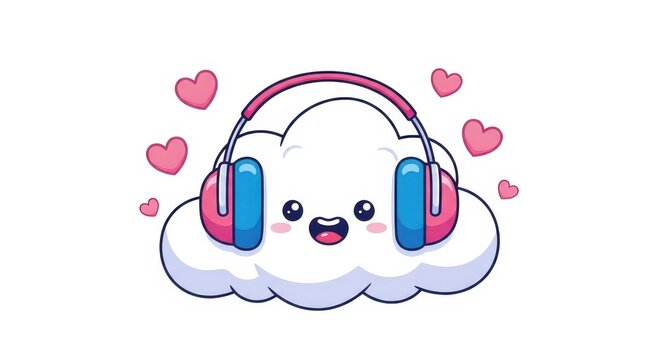 Cute cartoon cloud wearing pink headphones with hearts
