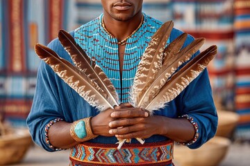Obraz premium Man holding ceremonial feathers in traditional beaded clothing with hands clasped at chest