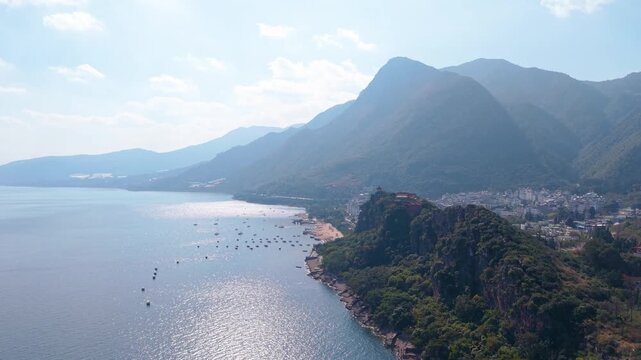 Aerial view of Lu Cong Scenic Area in Fuxian Lake, Yunnan Province