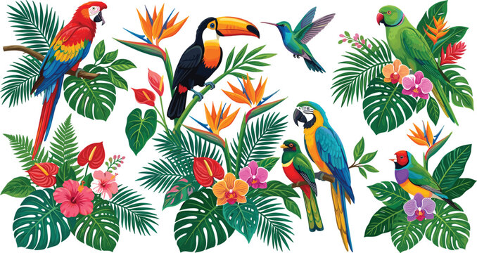 Tropical Jungle Birds and Botanical Flower Vector Illustration Bundle featuring Macaw, Toucan, Hummingbird, Parrot, Monstera Leaves, and Hibiscus for Summer Graphic Designs