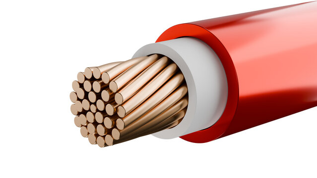 close up of copper wire cable with many thin copper strands visible. outer layer is red and wraps around strands, providing insulation