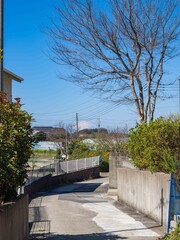 住宅街の坂道の先に望む遠くの富士山 © Masanori Saito