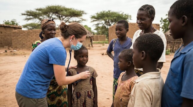 Female doctor wearing a protective face mask uses a stethoscope to examine a young child during a medical mission in an African village