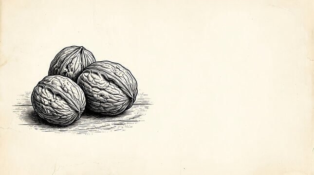Vintage hand drawn sketch of whole walnuts on textured paper