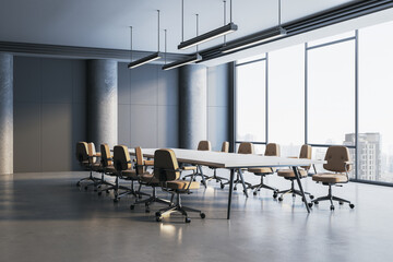Naklejka premium Modern corporate conference room interior with long table, chairs, concrete walls, large windows and city view in bright contemporary workspace. 3D Rendering