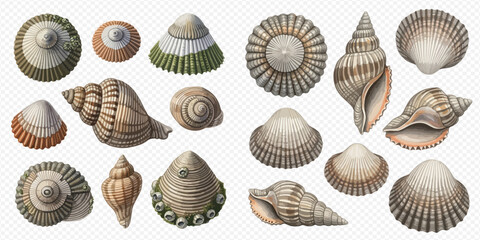 Watercolor illustration of various seashells and marine life, depicting natural ocean elements and aquatic beauty on a white background. © Ytaja