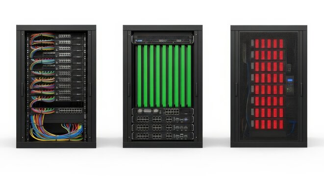 Three computer server panels with colorful wiring and green red lights