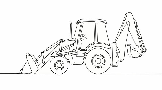 Continuous line drawing of a heavy construction backhoe loader vehicle.