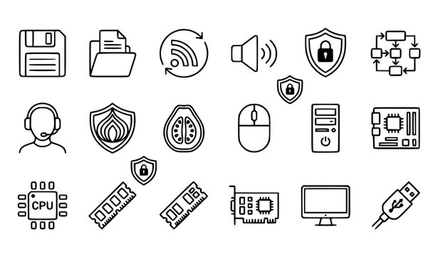 Minimal Gray Outline Computer Hardware and Cybersecurity Vector Icon Set with Floppy Disk RSS Feed and USB Symbols