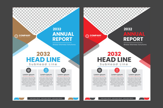 Annual report template with colorful geometric shapes and text placeholders for company data and statistics in a modern design