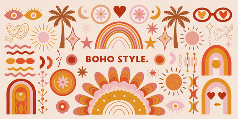 Fototapeta premium Bohemian Pattern With Sun Moon Floral And Geometric Elements Vector Illustration