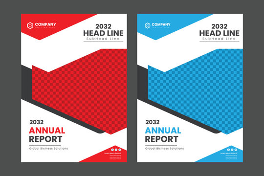 Annual report cover page templates with modern geometric design elements in red and blue colors for business presentation