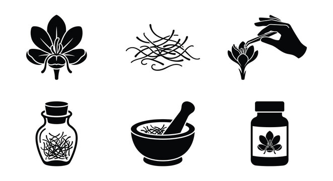 Herbal Remedies And Botanical Elements Black Silhouette Vector Illustration