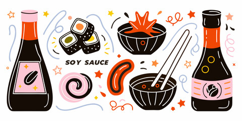 Soy Sauce And Sushi Elements Colorful Vector Illustration © Shobuj