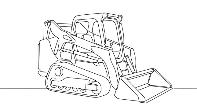 A continuous line drawing of a compact track loader construction vehicle.